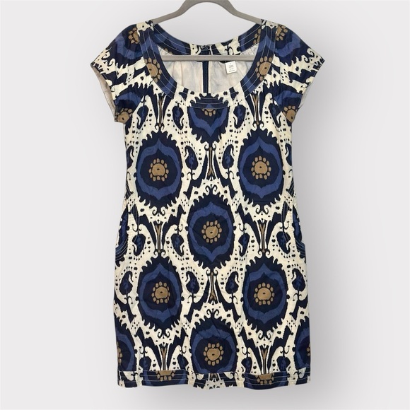 J Crew Cotton Navy Blue Tan Ivory Patterned Mini Dress with Pockets- Size 2 - Picture 1 of 5